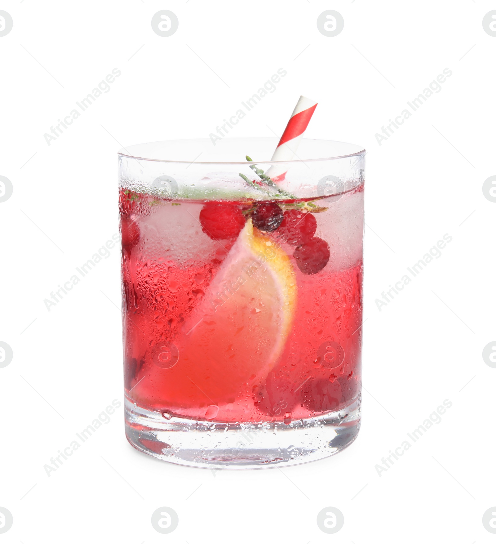 Photo of Tasty refreshing cranberry cocktail with lemon isolated on white