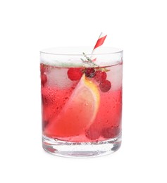 Photo of Tasty refreshing cranberry cocktail with lemon isolated on white