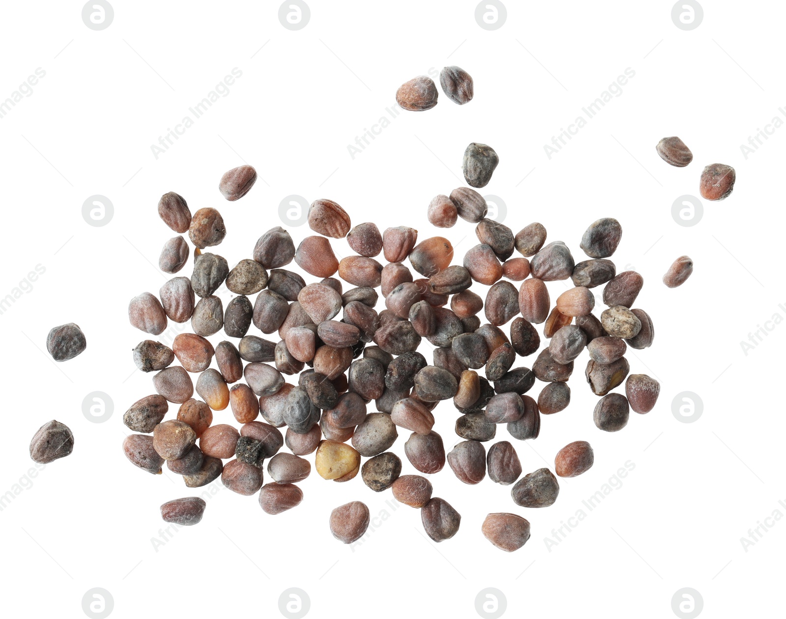 Photo of Pile of raw radish seeds on white background, top view. Vegetable planting