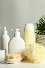 Different bath accessories and houseplant on white table against grey background, closeup