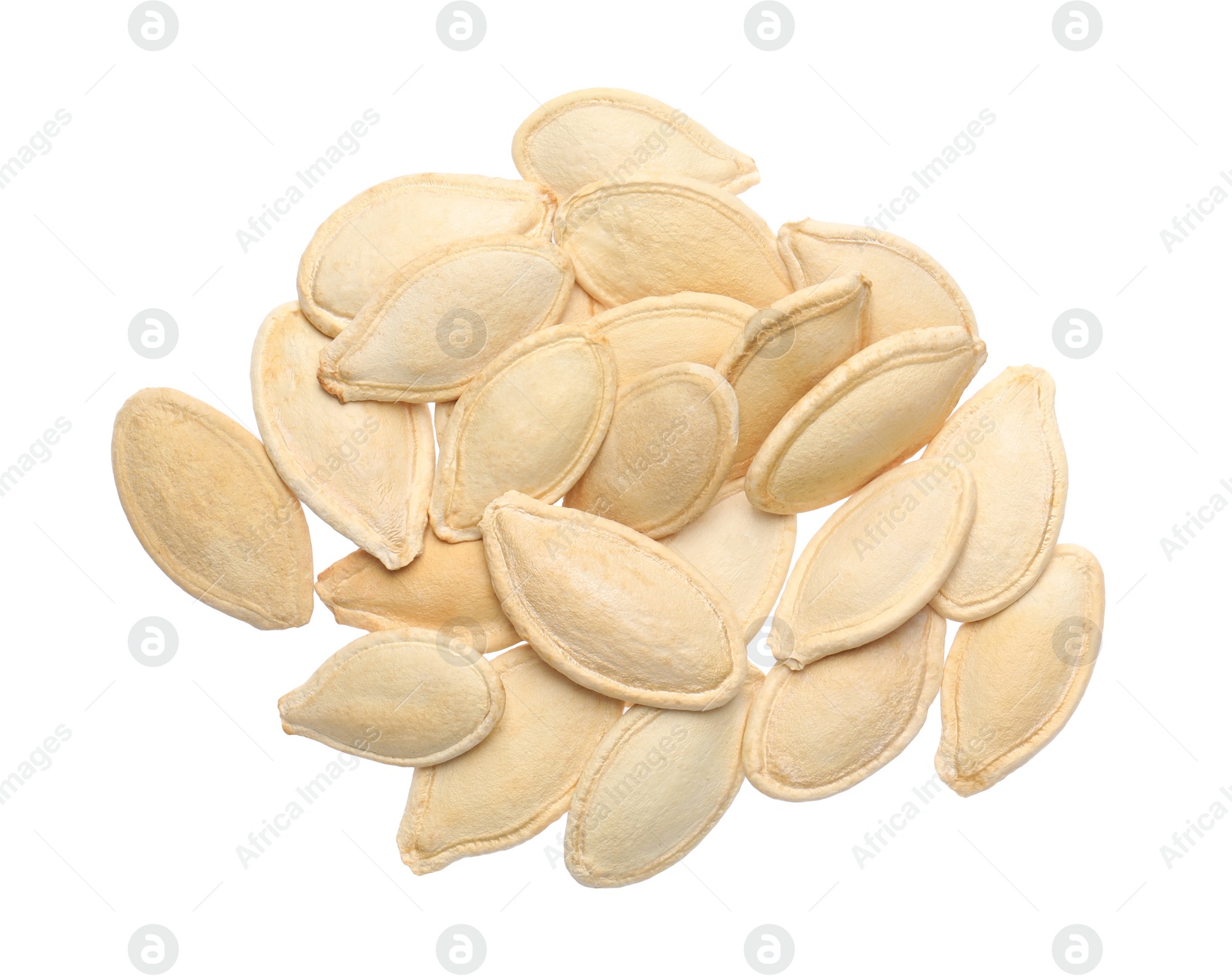 Photo of Heap of pumpkin seeds isolated on white, top view