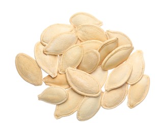 Photo of Heap of pumpkin seeds isolated on white, top view