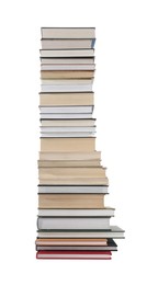 Photo of High stack of many different books isolated on white