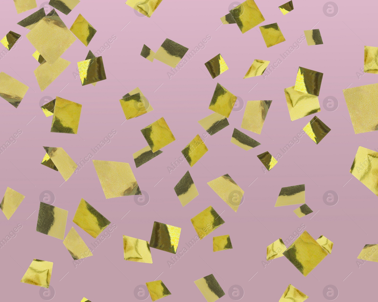 Image of Shiny golden confetti falling on dusty pink background