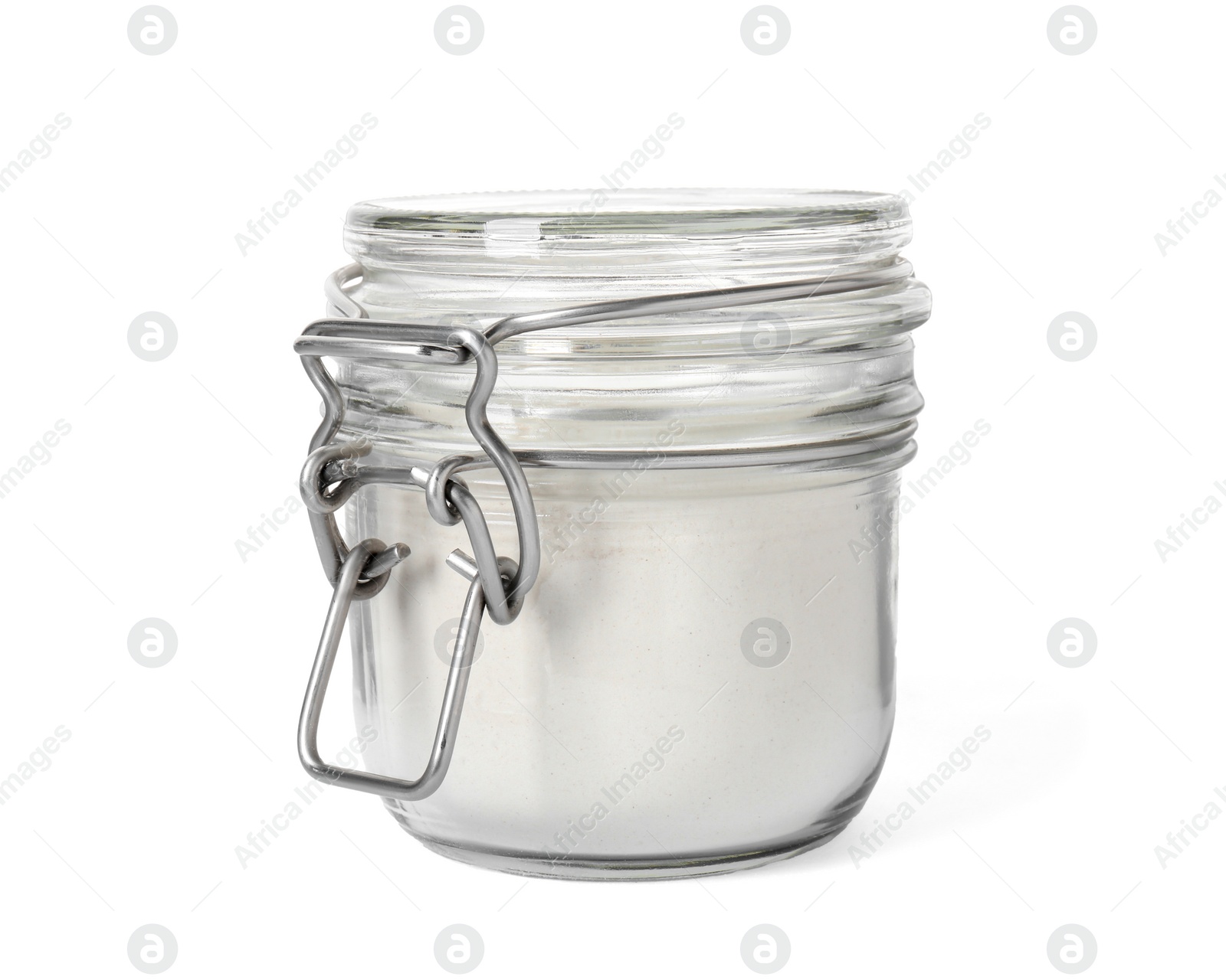 Photo of Baking powder in glass jar isolated on white