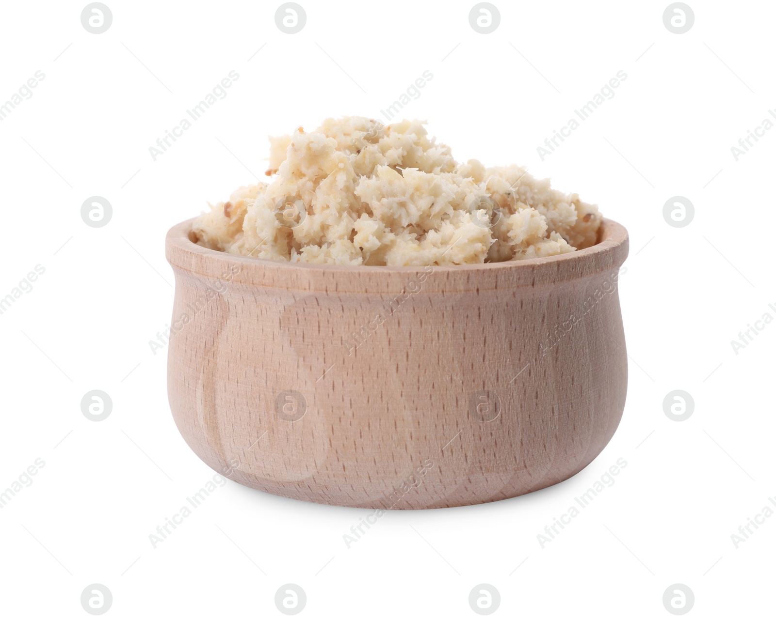 Photo of Bowl of tasty prepared horseradish isolated on white