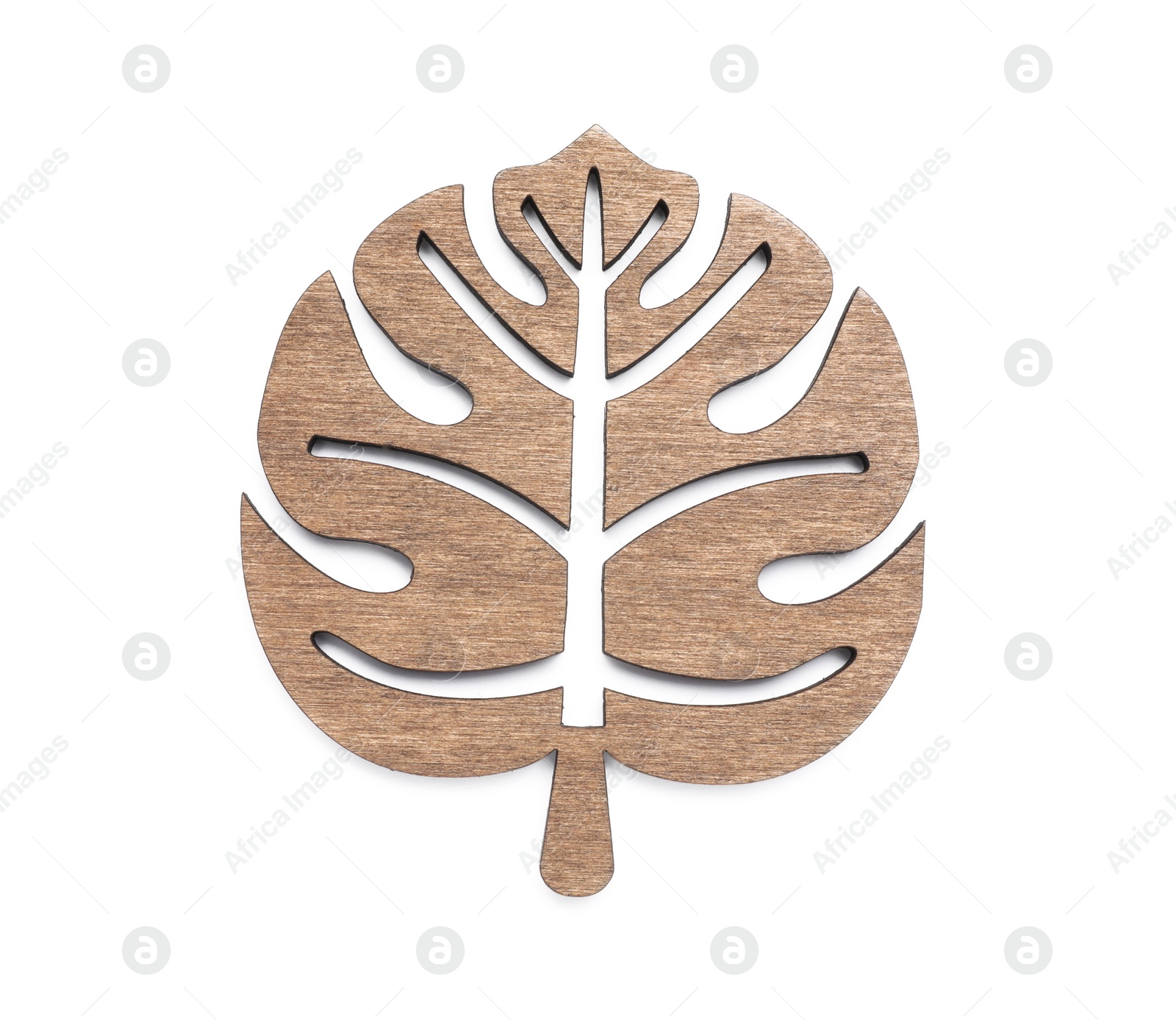 Photo of Leaf shaped wooden cup coaster isolated on white, top view