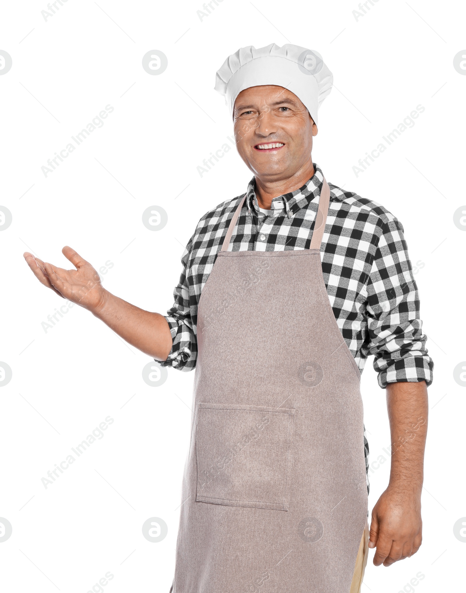 Photo of Mature male chef in apron on white background