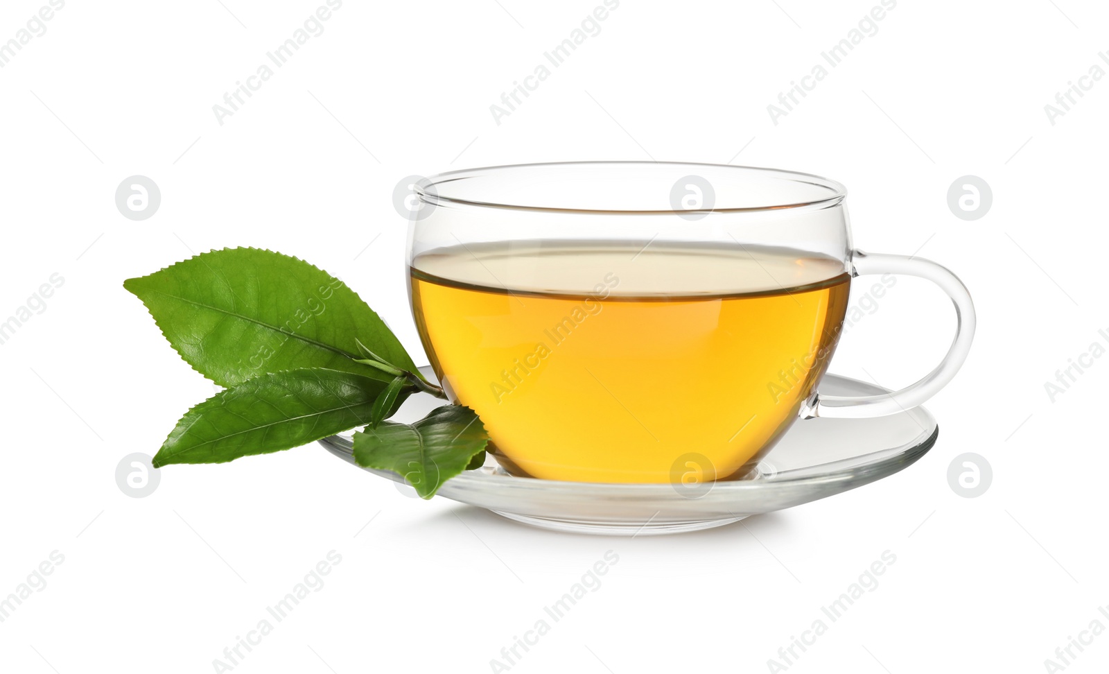 Photo of Tasty green tea and fresh leaves on white background