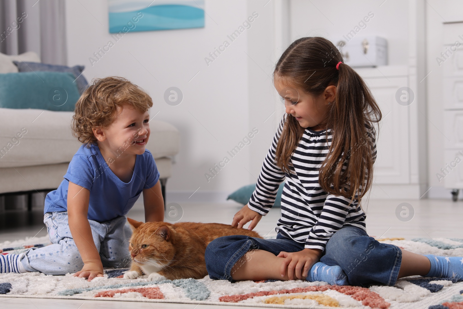 Photo of Little children petting cute ginger cat on carpet at home