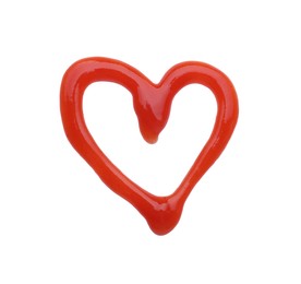 Photo of Heart made of tasty ketchup isolated on white, top view