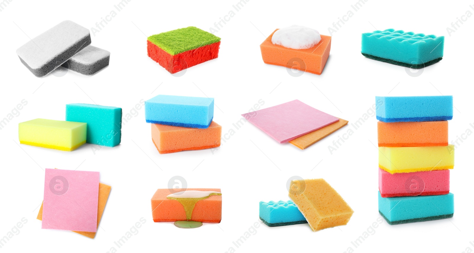 Image of Set with different sponges on white background, banner design. Cleaning service 