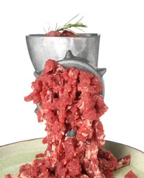 Metal meat grinder with minced beef and plate isolated on white
