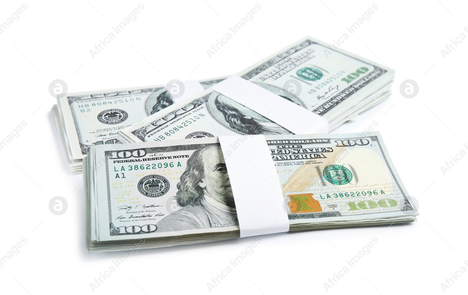 Photo of Dollar banknotes on white background. American national currency