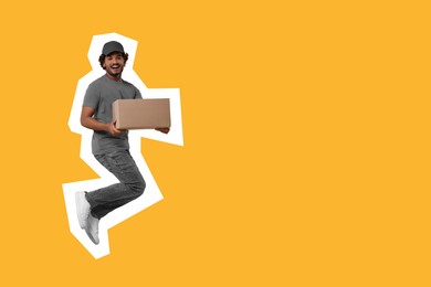 Image of Happy courier with parcel jumping on orange background, space for text