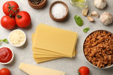 Flat lay composition with products for cooking lasagna on grey textured table