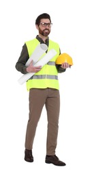 Architect with drafts and hard hat walking on white background