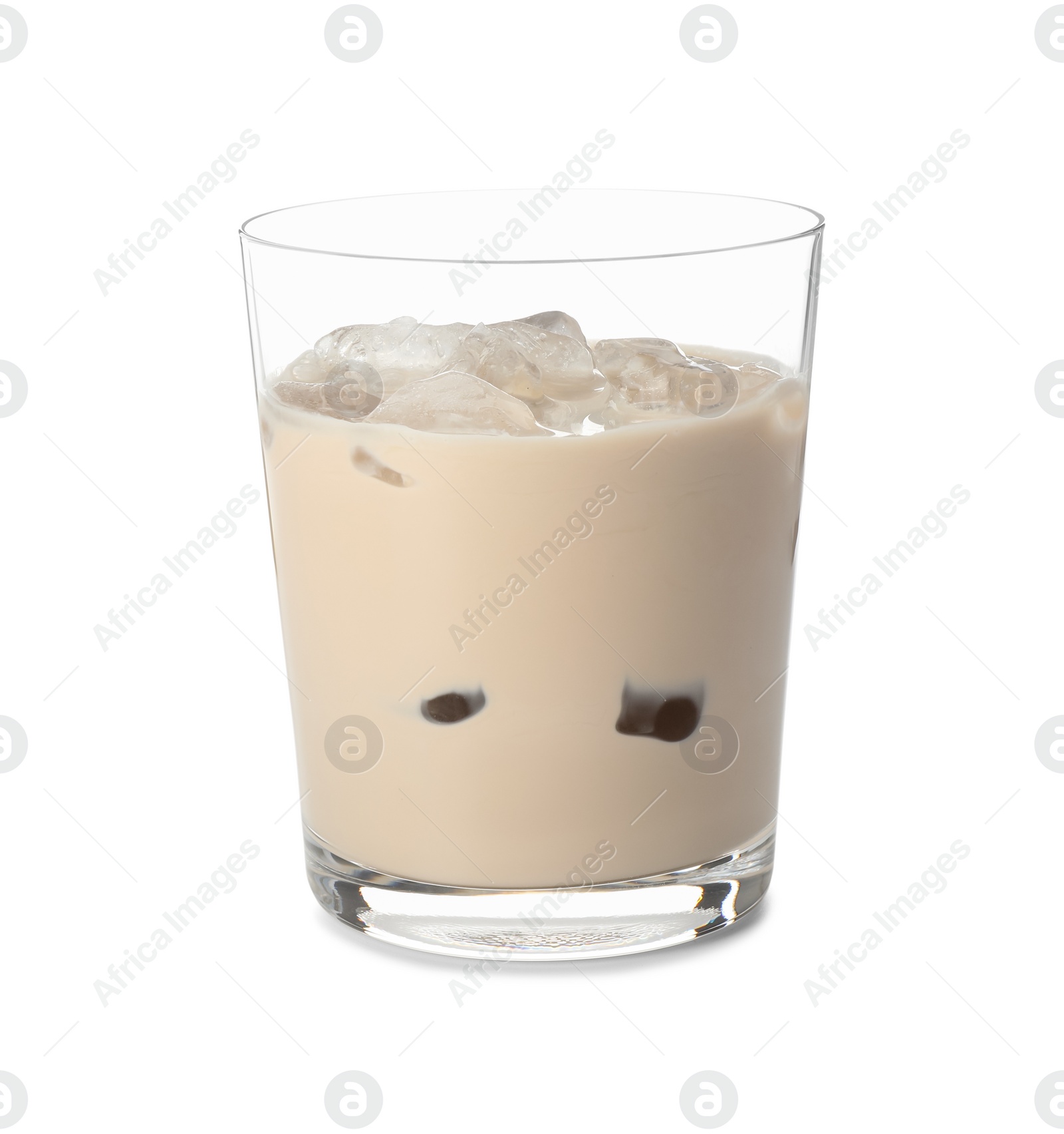 Photo of Glass of coffee cream liqueur with ice cubes isolated on white