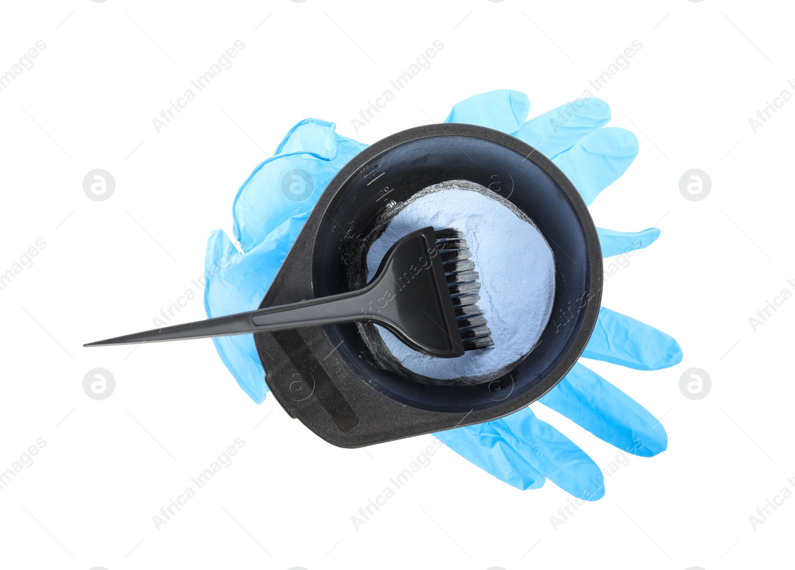 Photo of Bowl with hair dye, brush and rubber gloves on white background, top view