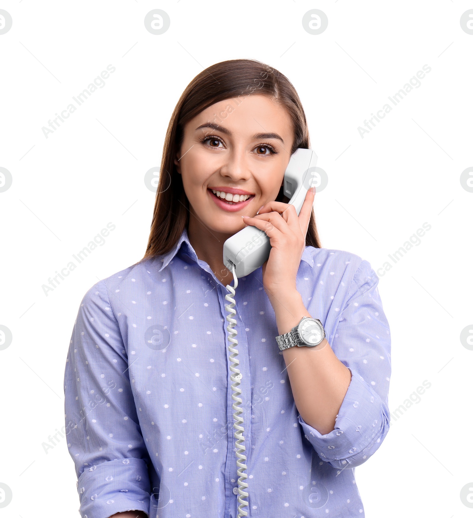 Photo of Young woman talking on phone against white background