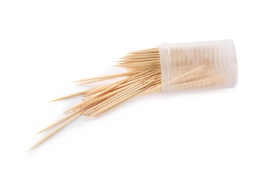 Photo of Holder with wooden toothpicks on white background
