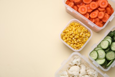 Plastic containers with different fresh products on beige background, flat lay. Space for text