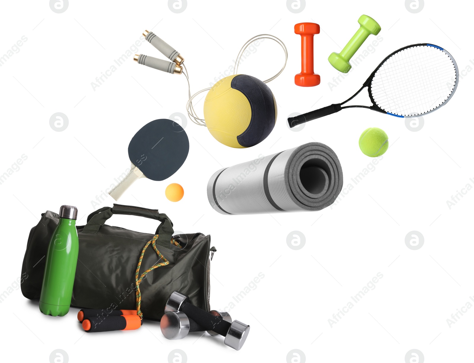 Image of Sports bag and different gym stuff flying on white background