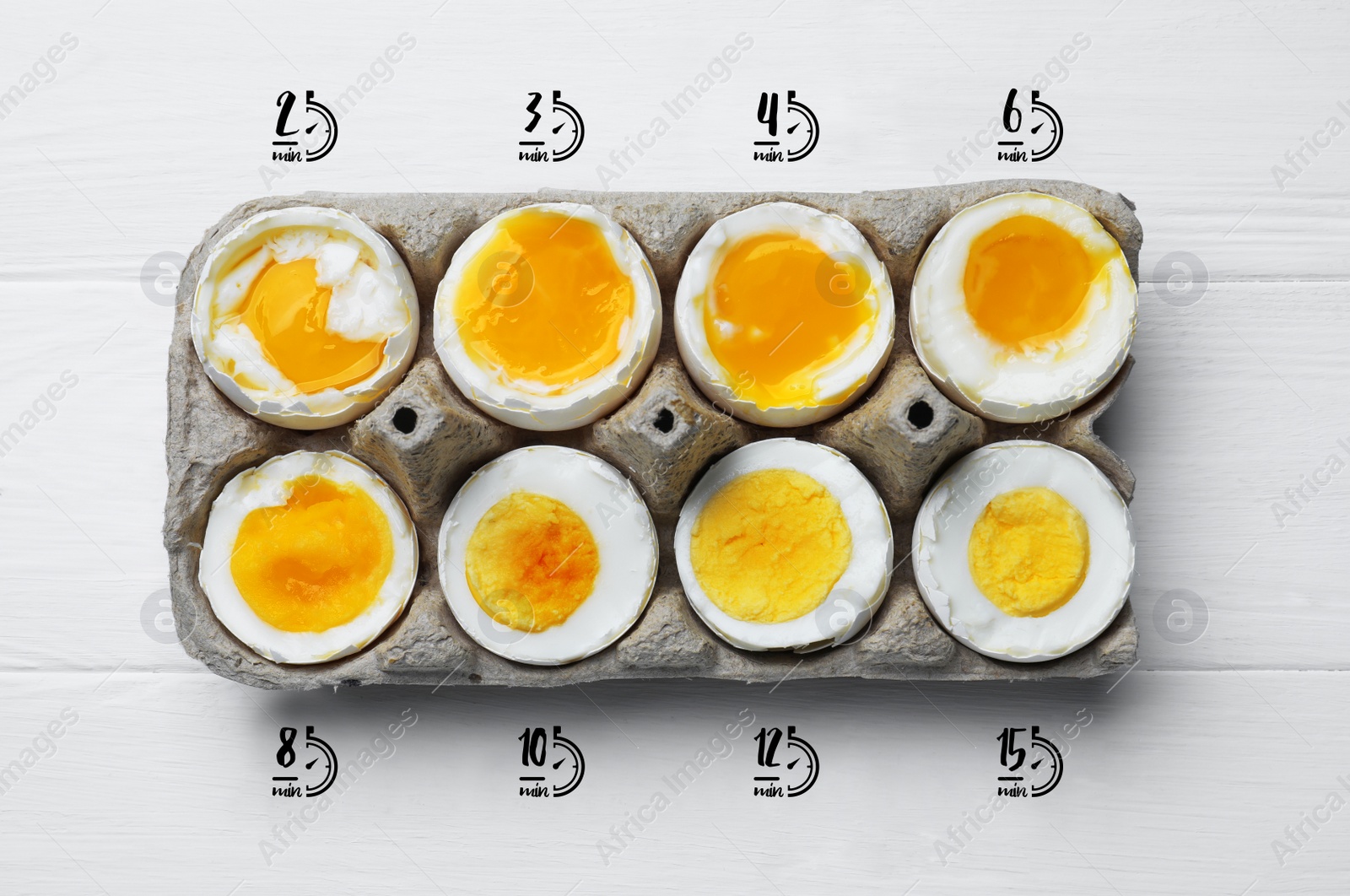 Image of Different cooking time and readiness stages of boiled chicken eggs on white wooden table, flat lay