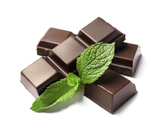 Pieces of dark chocolate with mint on white background