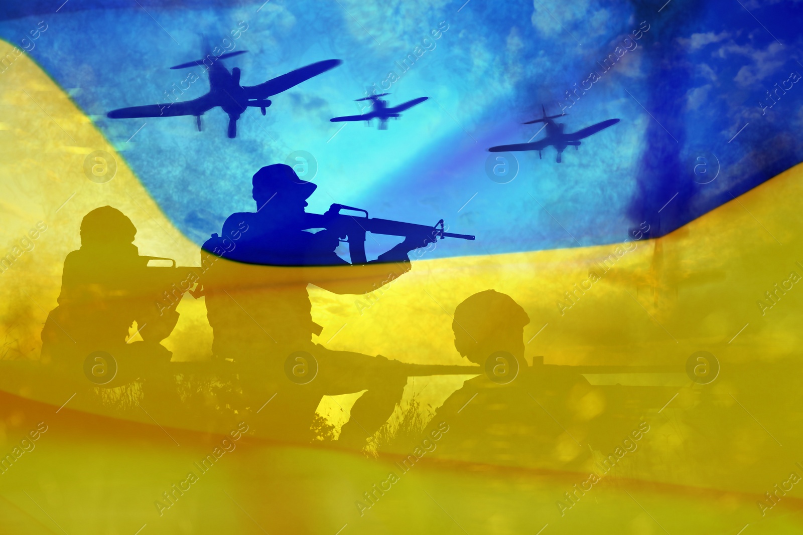 Image of Silhouettes of soldiers and Ukrainian national flag, double exposure