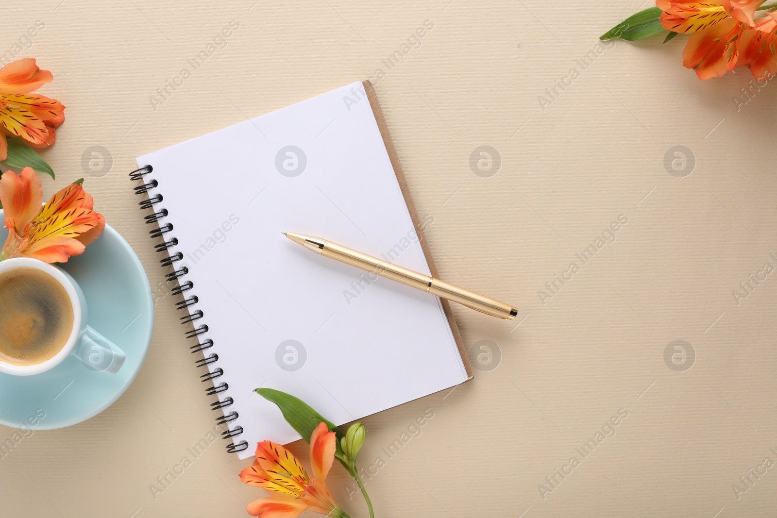 Photo of Guest list. Notebook, pen, coffee and beautiful flowers on beige table, flat lay. Space for text