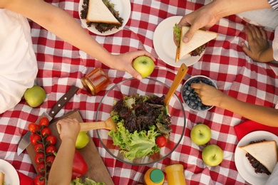 Photo of Family having picnic on blanket in park, top view