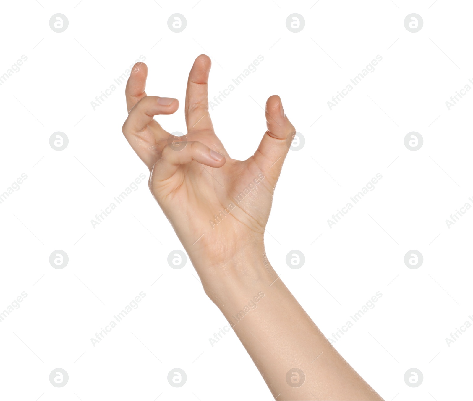 Photo of Woman gesturing on white background, closeup of hand