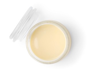 Open jar with condensed milk isolated on white, top view