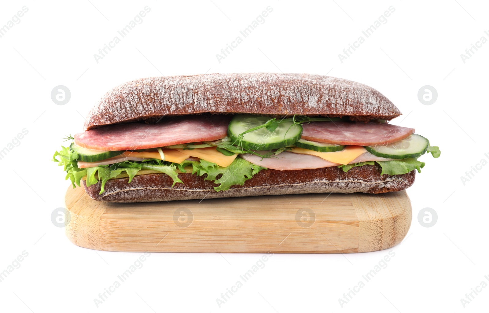 Photo of Tasty sandwich with ham isolated on white