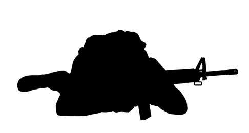 Silhouette of military soldier with assault rifle on white background, banner. Military service