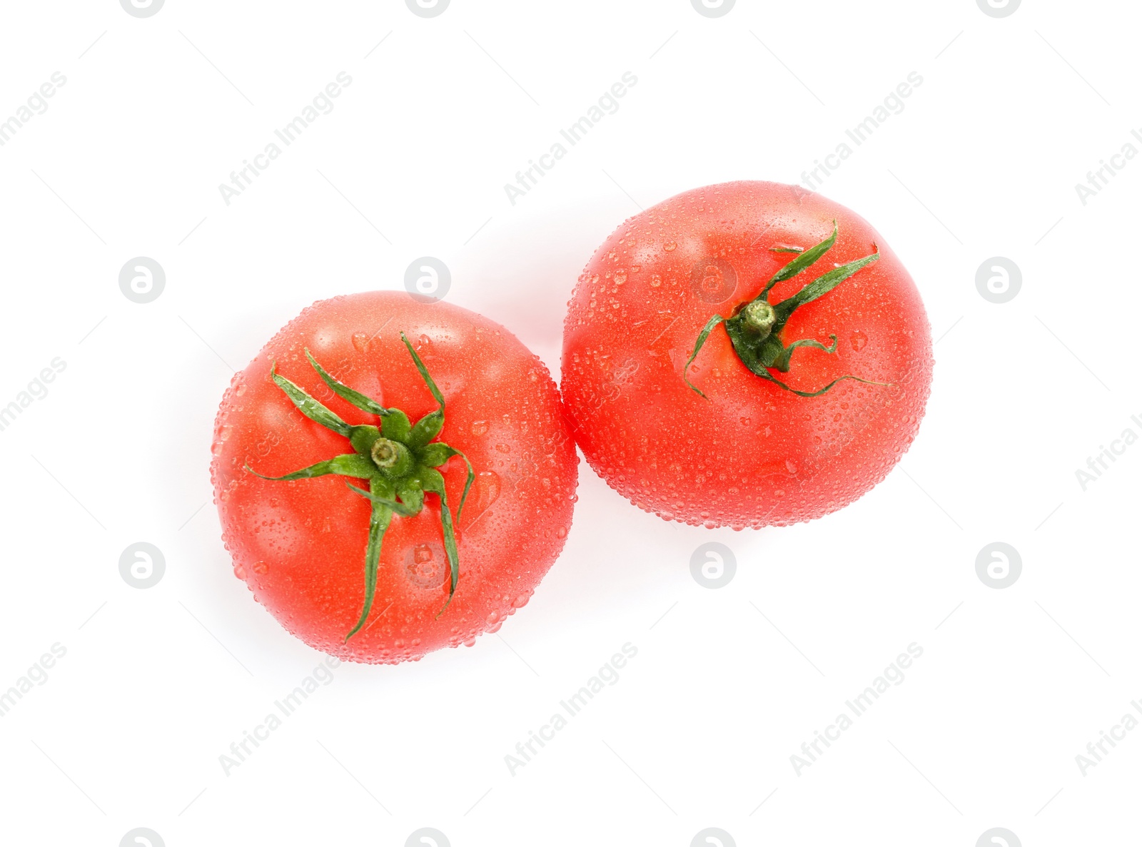 Photo of Fresh ripe organic tomatoes with water drops isolated on white, top view