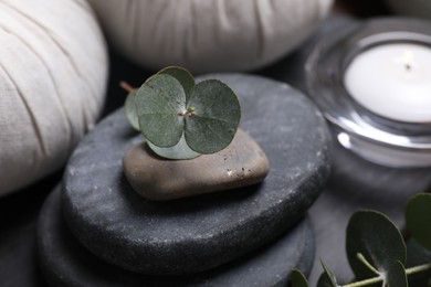 Beautiful spa composition with herbal massage bags, stones and eucalyptus branches on wooden table, closeup