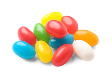 Photo of Pile of tasty bright jelly beans isolated on white