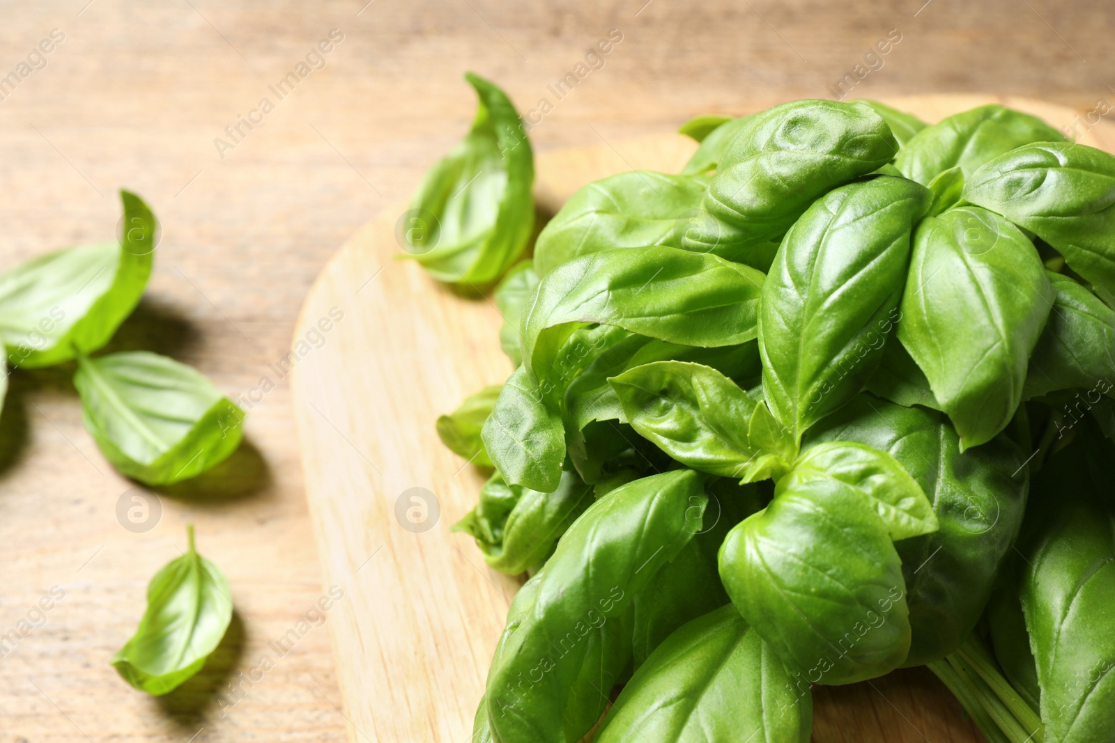 Photo of Fresh basil leaves on wooden board, closeup