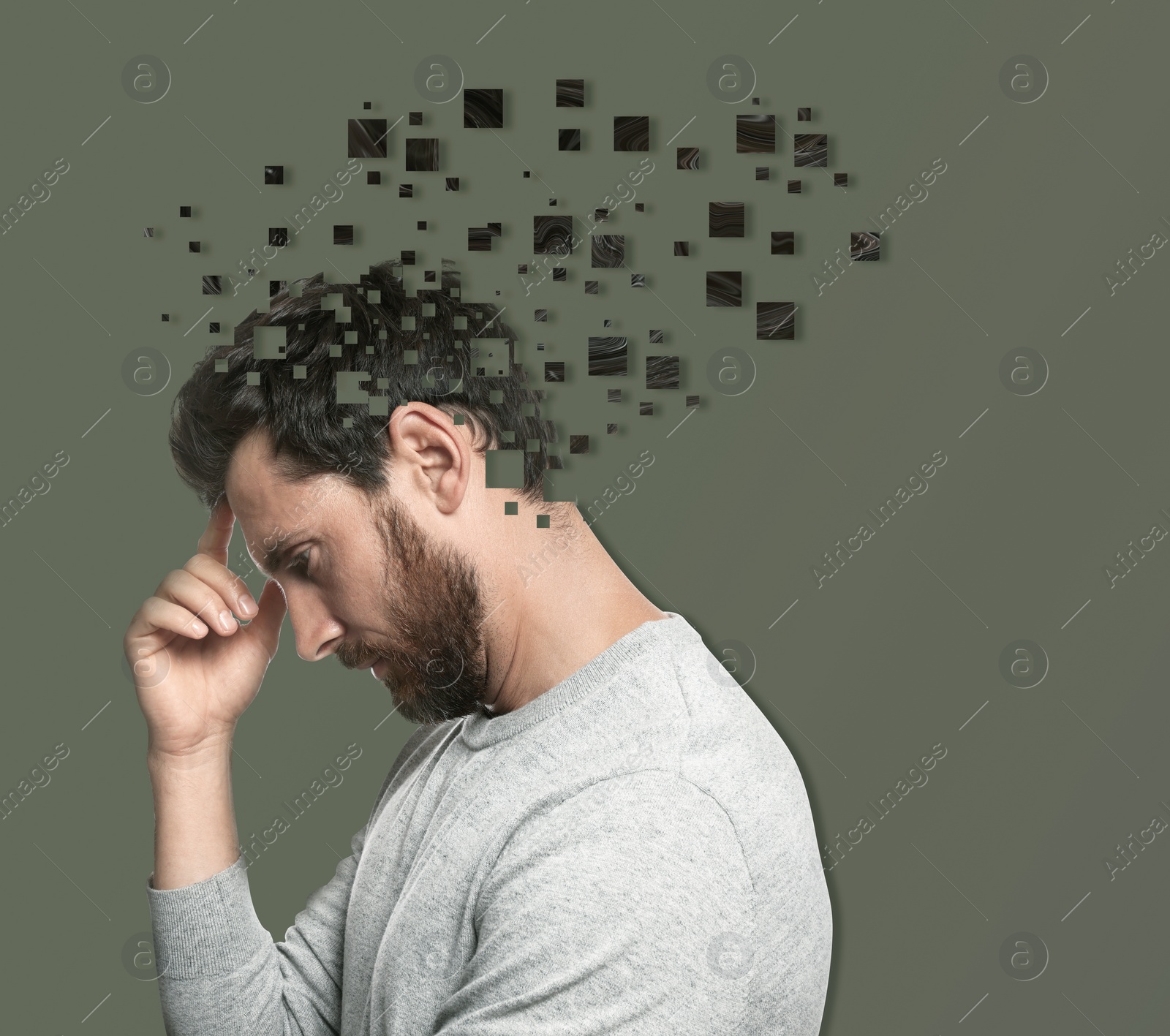 Image of Thoughtful man with flying pixels from his head symbolizing amnesia on grey background