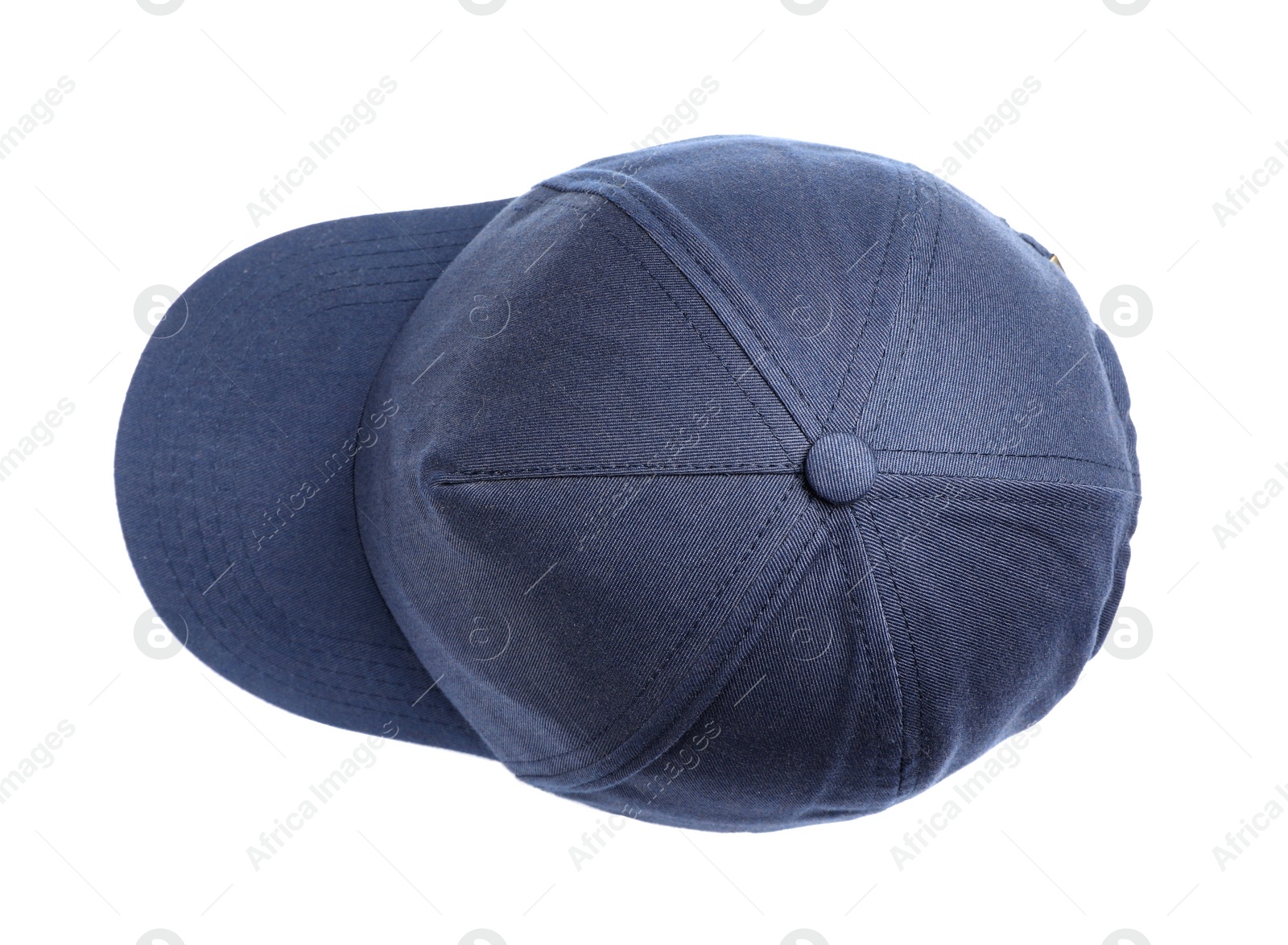 Photo of Stylish blue baseball cap isolated on white, top view