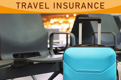 Image of Blue suitcase near bench in airport. Travel insurance