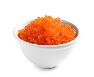 Photo of Bowl with delicious red caviar on white background