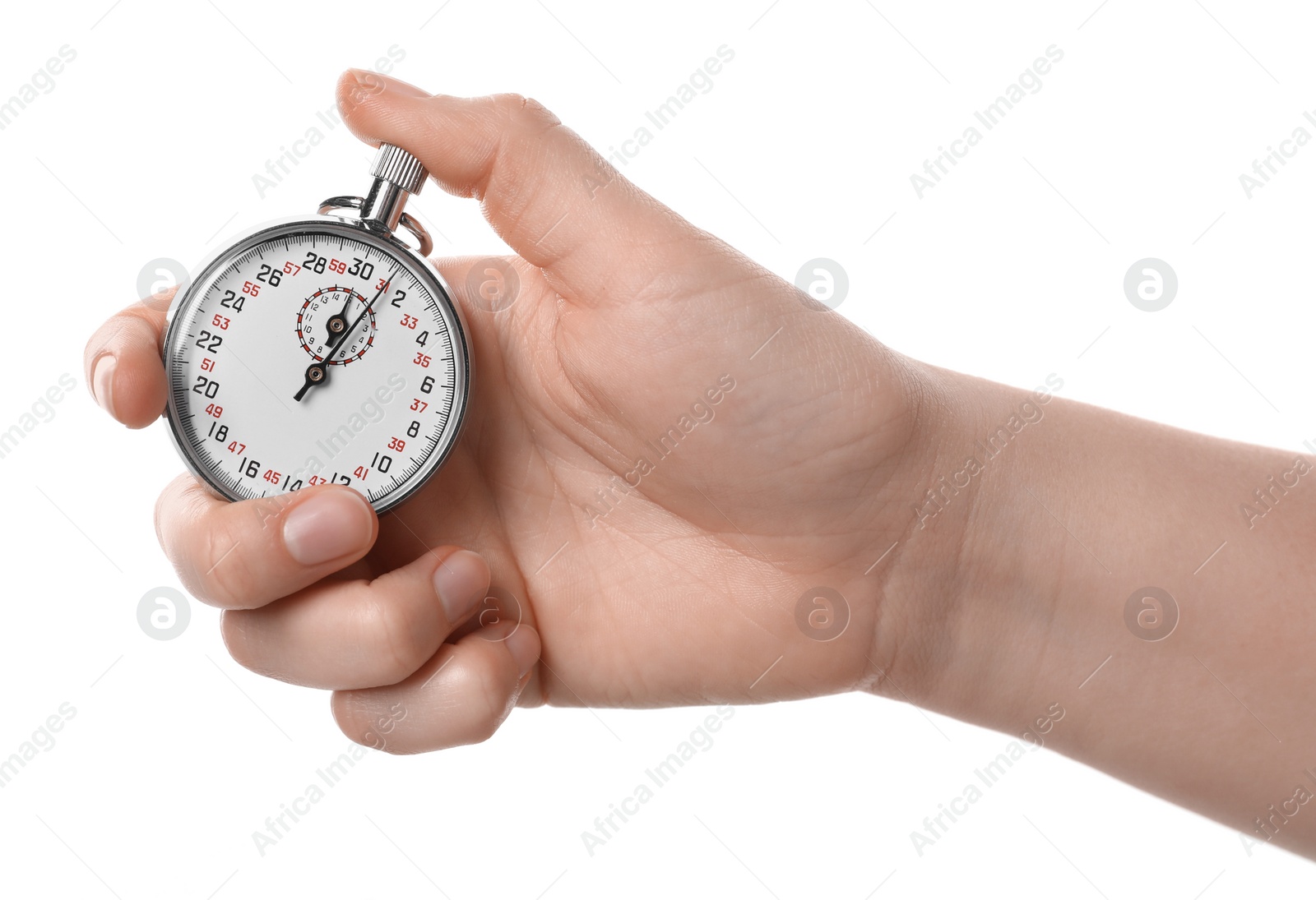 Photo of Woman holding vintage timer on white background, closeup