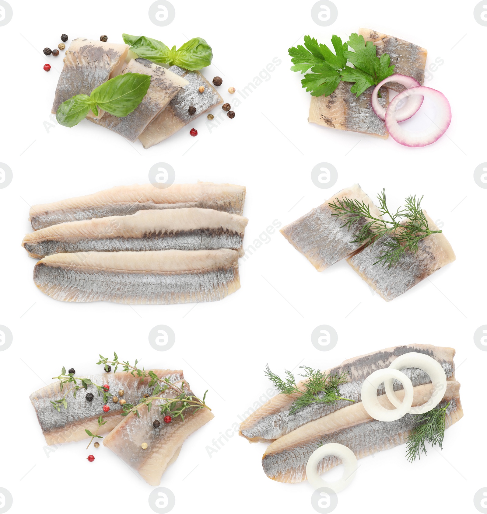 Image of Set with delicious salted herring fillets on white background, top view