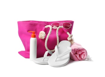 Photo of Different stylish beach accessories on white background