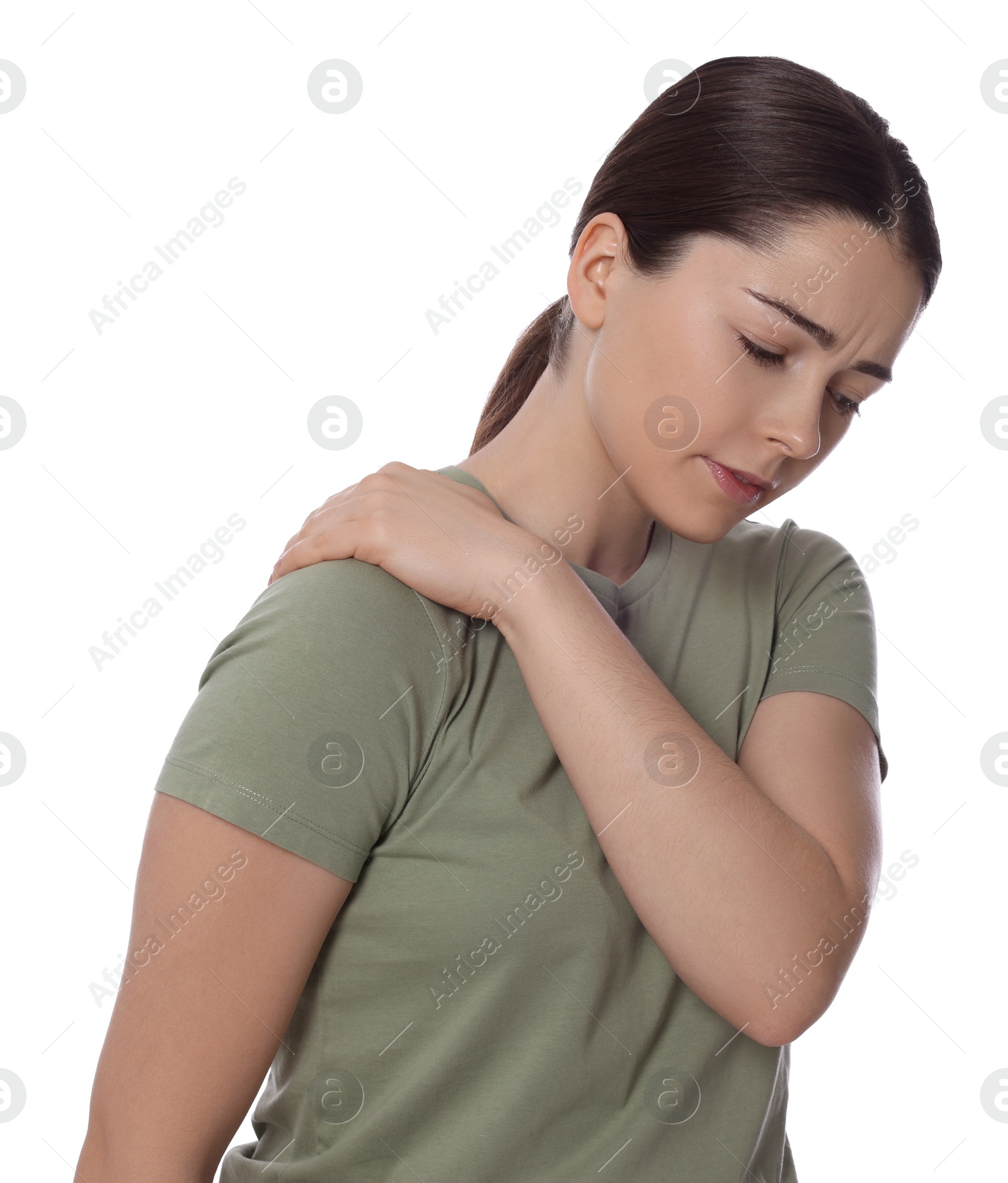 Photo of Woman suffering from pain in shoulder on white background. Arthritis symptom