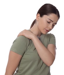 Photo of Woman suffering from pain in shoulder on white background. Arthritis symptom