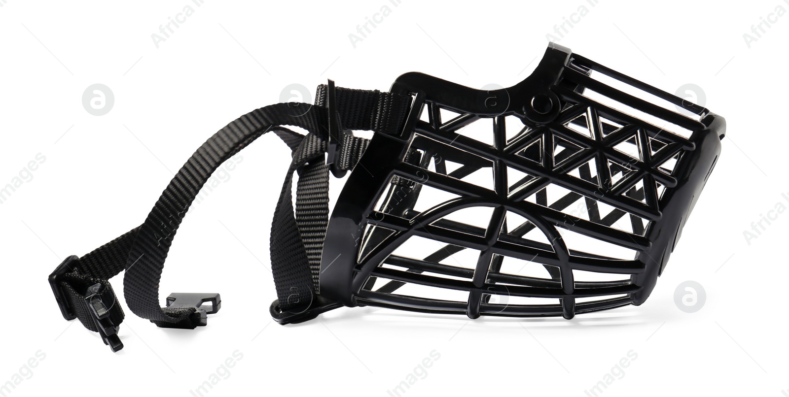 Photo of Black plastic dog muzzle isolated on white